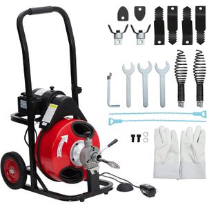GarveeTech Auto Feed 75 ft x 1/2 in Drain Cleaner Machine with 250W Motor, Portable Sewer Snake Auger with 8 Cutters & Air-activated Foot Switch, Fits 1 in to 4 in Pipes, Black & Red