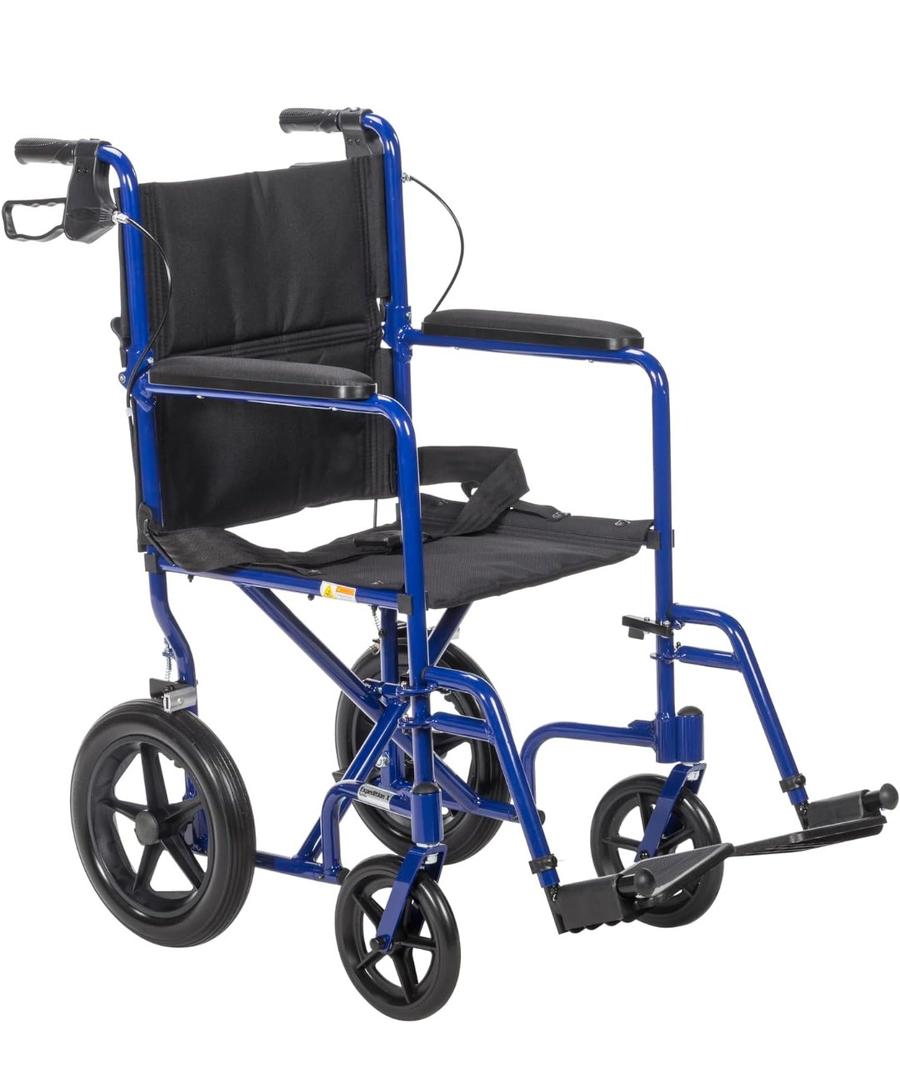 Drive Medical Lightweight Expedition Folding Transport Wheelchair with Hand Brakes - Portable Support - Large Rear Wheels - Compact Folding - Comfortable Design - Blue