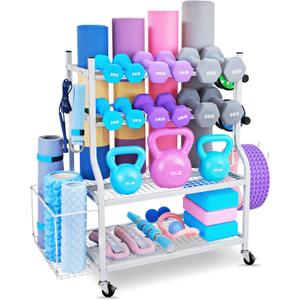 Dumbbell Rack, Yoga Mat Storage Rack - Weight Rack for Dumbbells, Home Gym Storage Rack for Yoga Mat, Dumbbells and Kettlebells, All in One Workout Equipment Storage with Caster Wheels