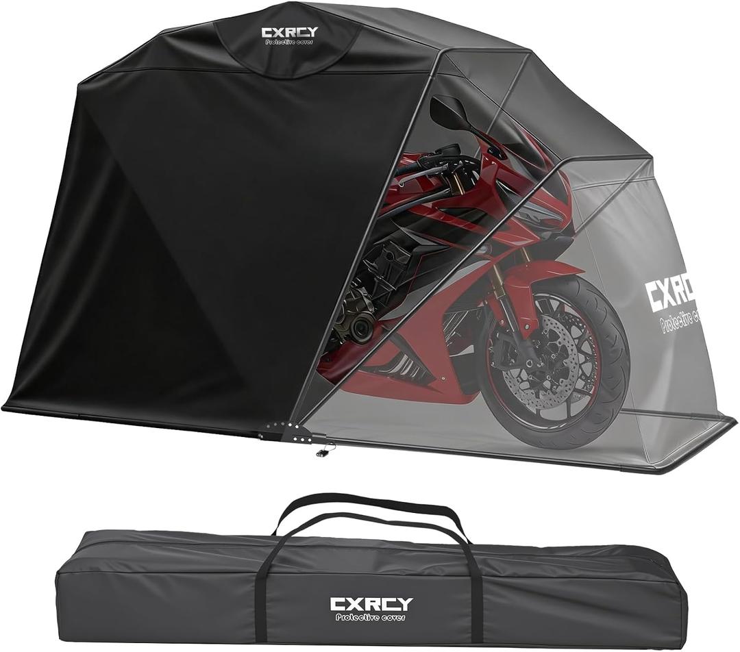 CXRCY Motorcycle Cover Shelter Storage - Heavy Duty 600D Oxford Vehicle Shed with Combination Lock, Includes Carry Bag, 106" x 41" x 60" Garage Tent, Roll-Up Side Windows - Black