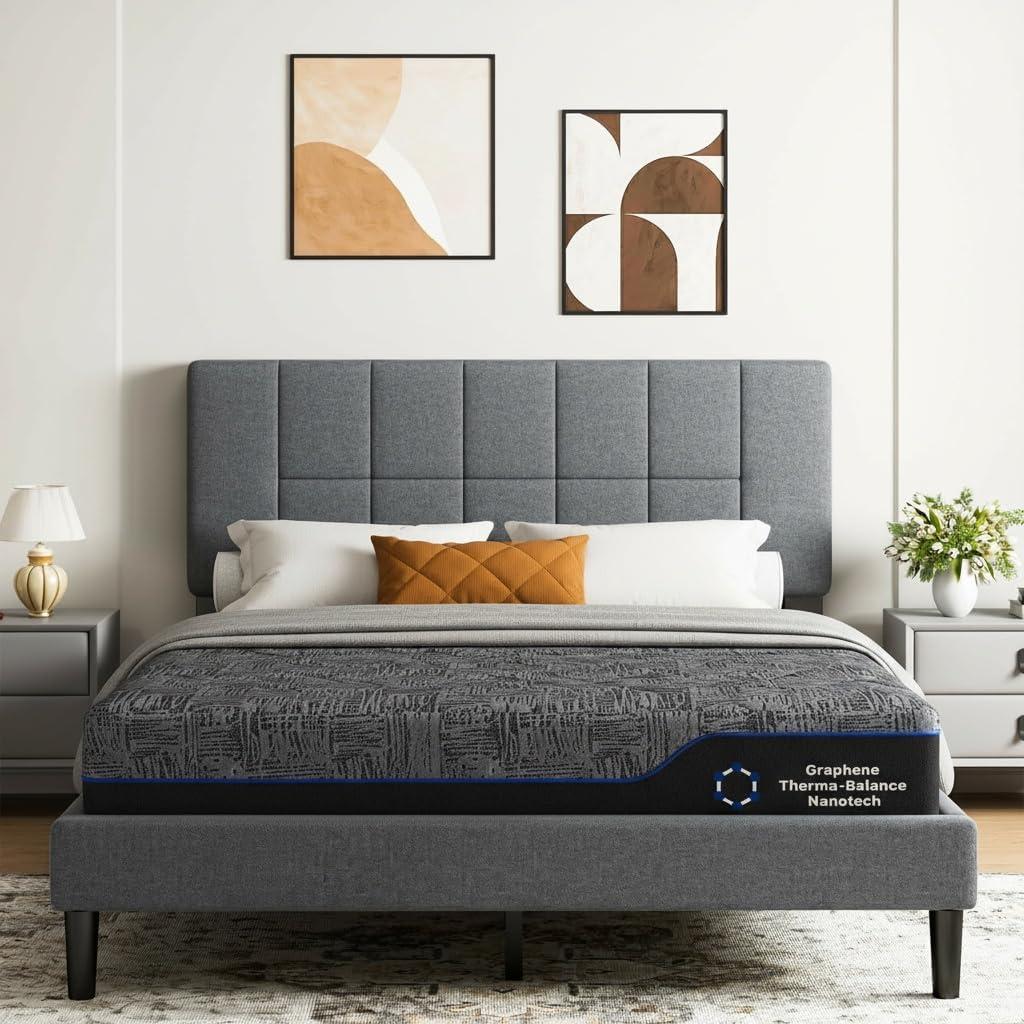 Marsail Twin Size Bed Frame and Mattress Set with Adjustable Upholstered Headboard and 10″ Memory Foam Mattress, Sturdy and Durable,12 Support Legs,with Graphene Fabric and Cooling Gel, Dark Gray