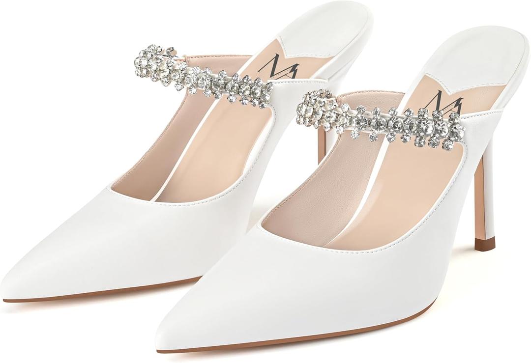 MIRAAZZURRA Women Heeled Mules Rhinestone Strappy Pointed Toe Mules Stiletto High Heels Slip On Bridal Sandals for Women 9