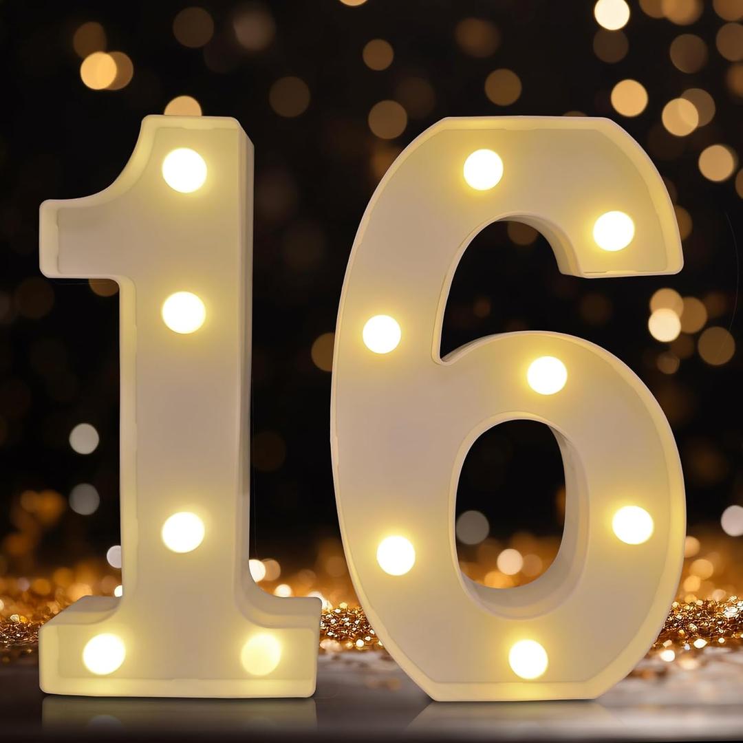 Led Light Up Numbers, Sweet 16th Birthday Party Decorations, Battery Powered Number 16 Light Up Sign, 16th Birthday Decorations for Girls (White)