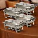 Alpha Living 4 Pack Chafing Dish Full Set Stainless Steel Catering Chafer with Lids, Pans & Fuel Holders Buffet Food Warmers for Parties, Events & Weddings (Rolled Edges)