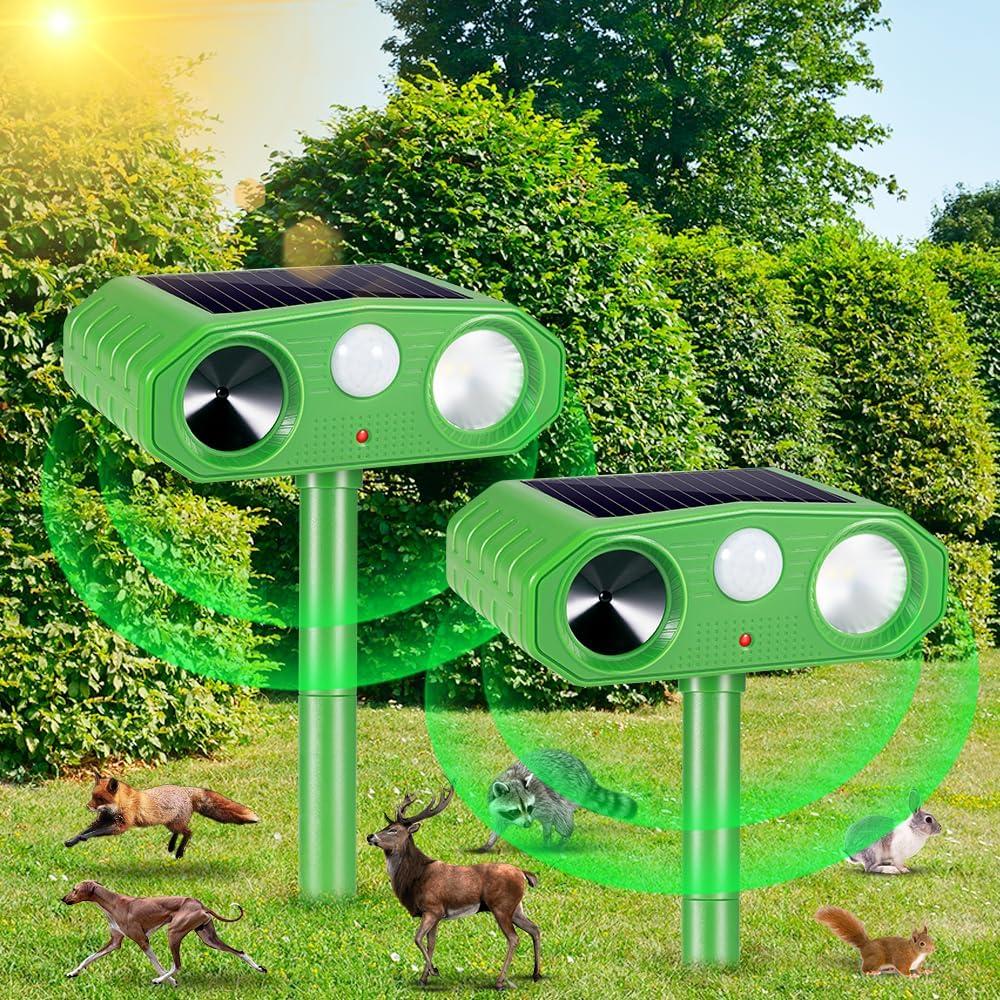 Solar Ultrasonic Animal Repeller Outdoor Waterproof Animal Deterrent with Motion Sensor, Strobe Light, Alarm Sound for Cat Squirrel Raccoon Deer Fox Skunk Bird Repellent for Garden Yard Patio (2)