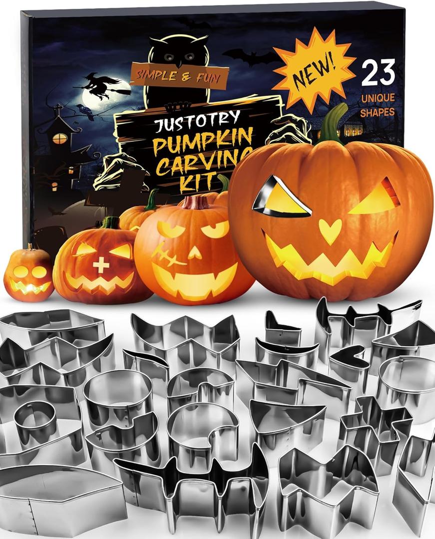 JUSTOTRY Pumpkin Carving Kit with Hammer - Safe for Kids, Halloween Pumpkin Carving Tools, Durable Stainless Steel Non-knife Stencils, Set for Adults, 23 PCS