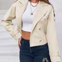 Imily Bela Womens Lapel Trench Coat Double Breasted Cropped Jacket Casual Outwear with Belt (Beige)