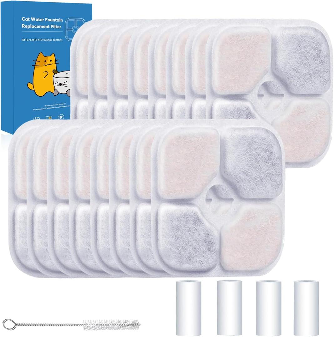 16-Pack Cat Water Fountain Filter Compatible With Catit Pixi Water Fountain Filter Replacement Triple Action Water Filter, 4 Pump Tubes 1 Hard Brush