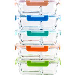5-Pack,3 Compartment Glass Meal Prep Containers Set,34oz, Divided Food Storage Containers with Lids, Glass Lunch Box with 3 Dividers