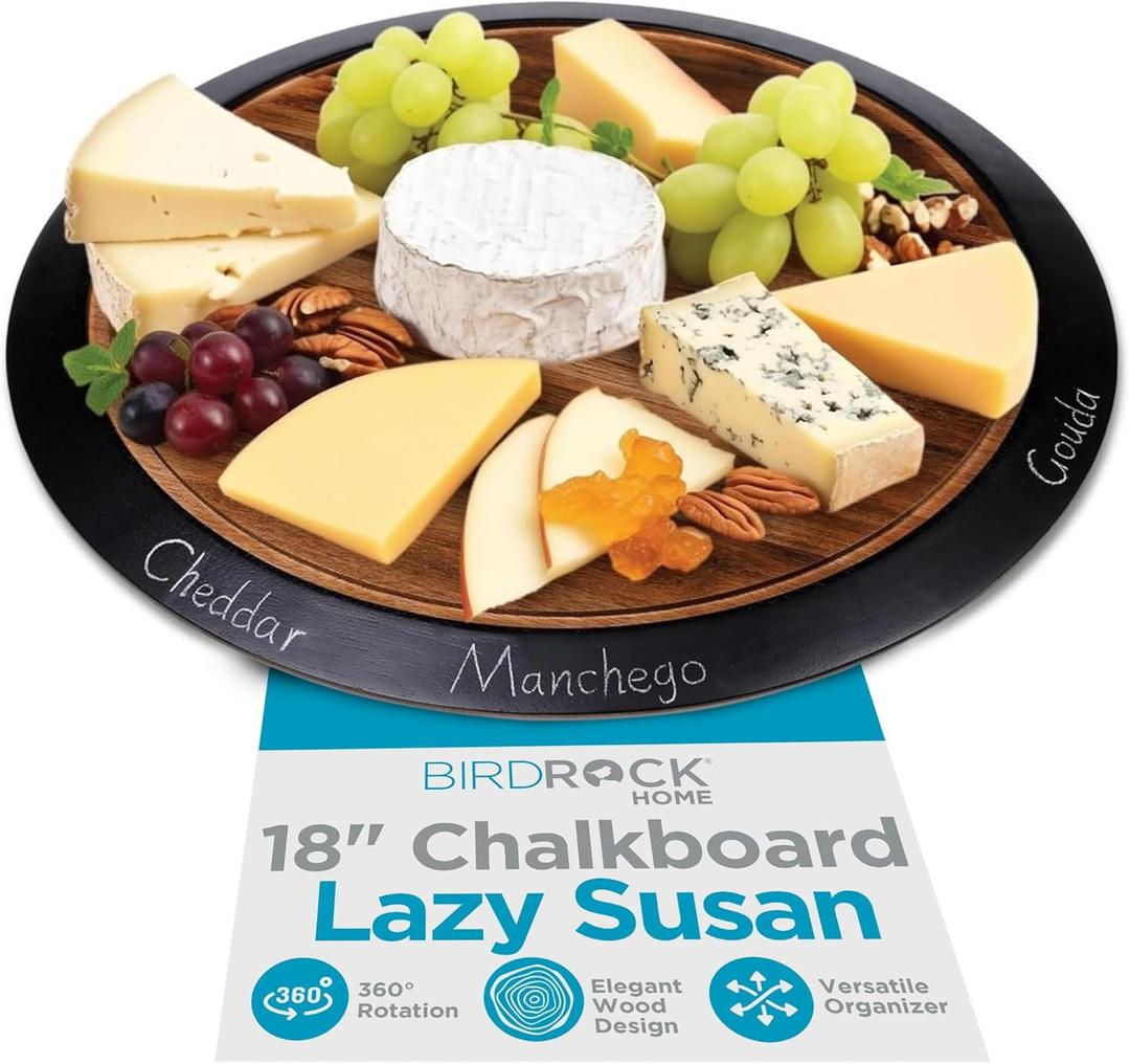BIRDROCK HOME 18" Chalkboard Lazy Susan | Food Labels | Table Top Turntable | Cabinet or Pantry Organizer | Decorative Spice Rack Medicine Cleaning Spinning Table | Wood - Large