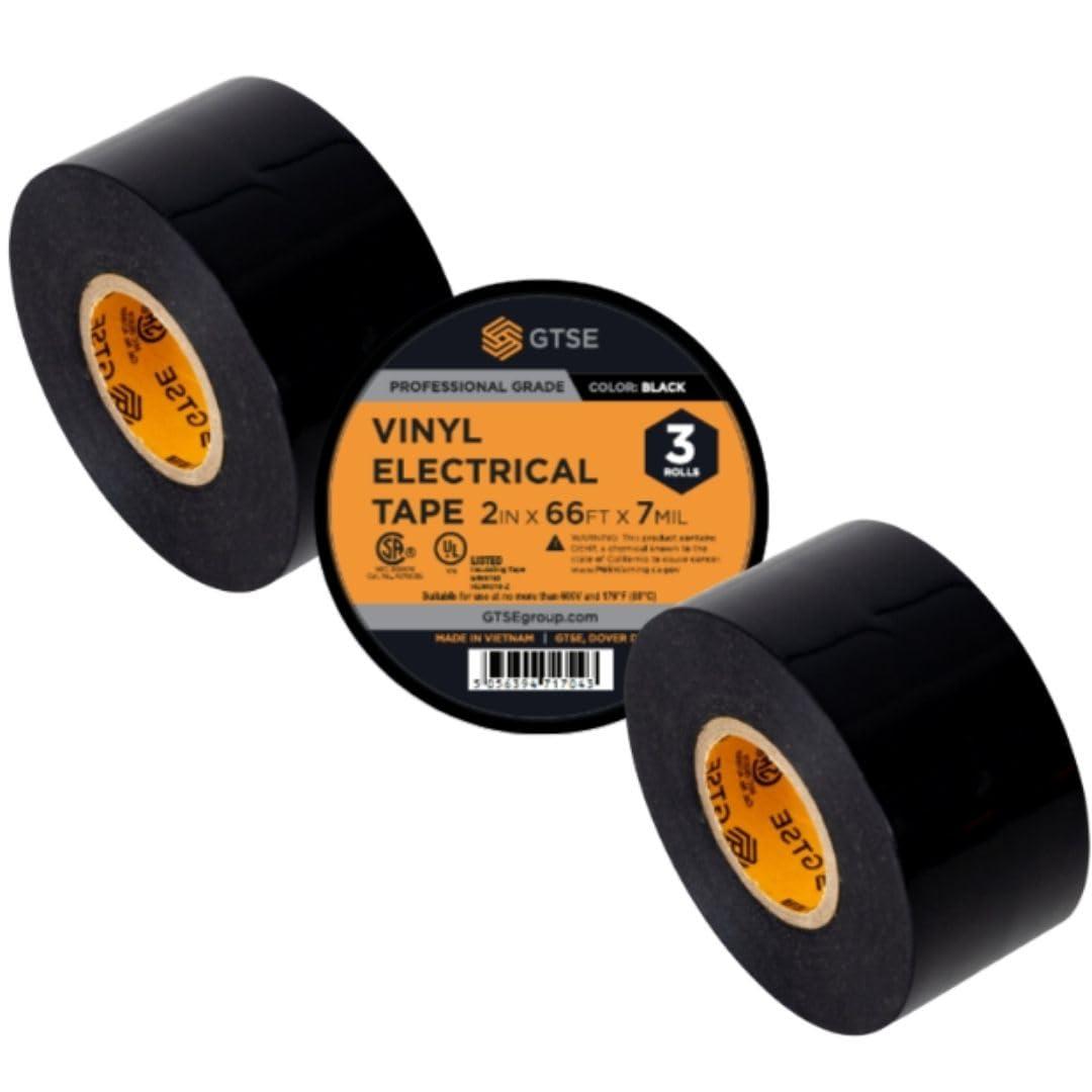 GTSE Wide Black Electrical Tape, 3-Pack Waterproof, Industrial Grade Vinyl, 2 in x 66ft Strong Self-Adhesive PVC Electric Tape for Wire Insulation, 7 Mil, 600V UL/CSA Listed