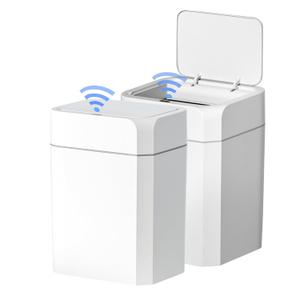 ELPHECO 2 Pack 3.5 Gallon Bathroom Trash Can with Lid Motion Sensor Slim Garbage Can Waterproof Smart Small Trash Bin for Bathroom, Kitchen, Office, Bedroom, Living Room, Toilet, White