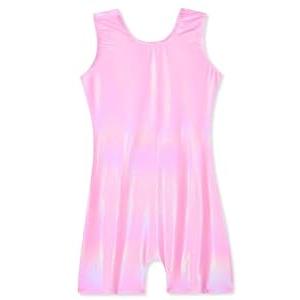 Domusgo Gymnastics Leotards for Girls Sparkly One Piece Sleeveless Tumbling Pink Unitards Size 6-7 Years