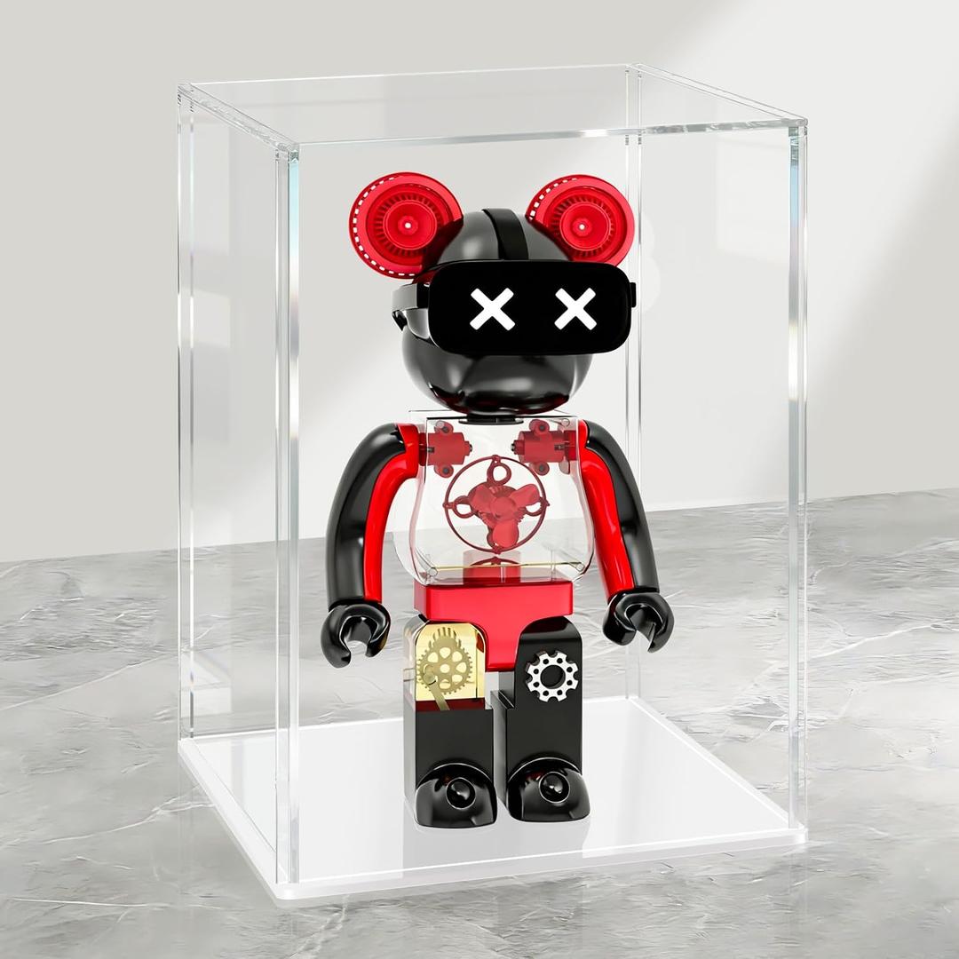 LANSCOERY Acrylic Display Case, 8x8x12 in, Upgraded Thickened UV-Resistant Showcase, 98% Clarity Dustproof Box with Glossy White Base for Action Figures, LEGO & Models, Includes Scraper & LED Light