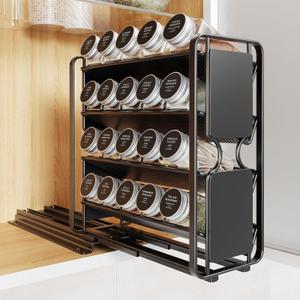 Spice Rack Organizer Drawer Cabinet: Pull Out Spice Seasoning Organization with 20 Jars - Facing Left or Right with Labels and Chalk Maker 4 Tier Slide Out Kitchen Storage for Countertop Wall Mount