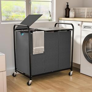 180L (47.55 Gal) Laundry Sorter 3 Section, Rolling Laundry Basket with Lockable Wheels and Lid, Laundry Hamper with 3 Separated Removable Bags Dirty Clothes Hamper for Laundry Room Organizer, Grey