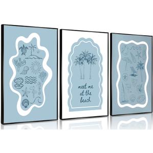 3pcs Blue Trendy Coastal Beach Canvas Wall Art Bikini Seashell MEET ME AT THE BEACH Wall Decor Pictures Coastal Granddaughter Preppy Aesthetic Poster Print for Bedroom Dorm Apartment Home Decoration, 12x16