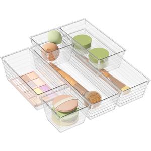 6 Pack Clear Drawer Organizer, Acrylic Drawer Storage Trays, Storage Bins for Makeup, Cosmetics, Jewelries, Utensils, Gadgets, Office
