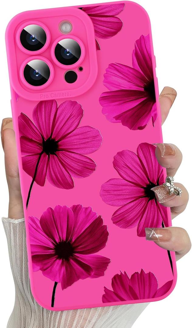 MZELQ for iPhone 16 Pro Case, Silicone Floral Flower Cute Pattern, Camera Protection Soft Slim Phone Case for Phone Case -Hot Pink