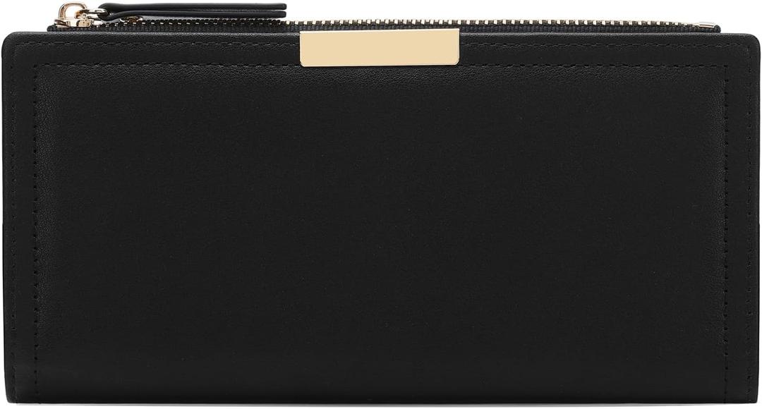 Slim Women Wallet Bifold Ladies Long Purse Travel Credit Card Holder with Coin Zipper Pocket (A01 Black)