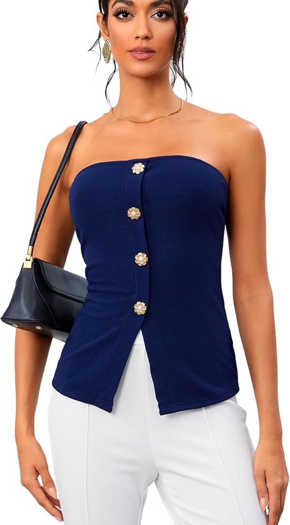 OYOANGLE Summer Going Out Tops for Women 2025 Button Front Sleeveless Strapless Tube Top (Large, Deep Blue)