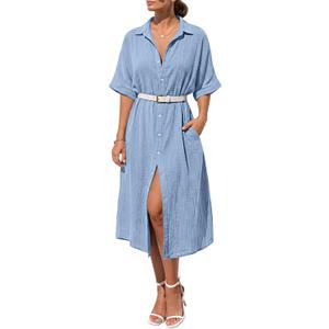 LILLUSORY Summer Long Shirt Dresses for Women 2026 Beach Vacation Outfits Casual Button Down Short Sleeve Swimsuit Coverup (Blue, S)