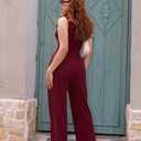XXTAXN Women's Casual Sleeveless Round Neck Corset Waist Wide Leg Jumpsuit with Pockets - Comfy One-Piece Long Pants Winered (L)