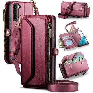Strapurs Crossbody Wallet Case Compatible with Samsung Galaxy S22 5G RFID Blocking Card Holder Soft PU Leather Magnetic Snap Shoulder Strap Zipper Pocket Phone Case Fit for Galaxy S22 6.1" - Wine Red