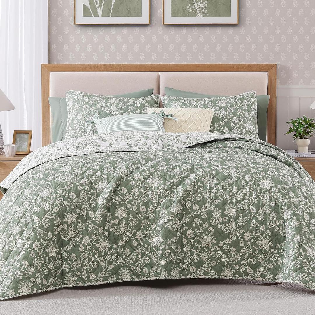 BLOOMHAVEN Quilt Set Queen Size, Green Floral Quilt Sets, Reversible Bedspread Lightweight and Breathable for All Seasons, Soft Quilted Bedspread with 2 Pillow Shams