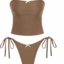 seamoly Womens Cute Tankini Set Gingham Two Piece Swimsuits with Bow Back Tie Side Bottom (Brown, XL)