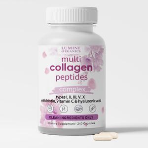 1PCSLumine Organics Collagen, Hydrolyzed Collagen Peptides Capsules,Type I,II,III,V,X with Biotin,Hyaluronic Acid Powder,Vitamin C,Non-GMO,240 Capsules (1PCS), EXP: 06/04/2028