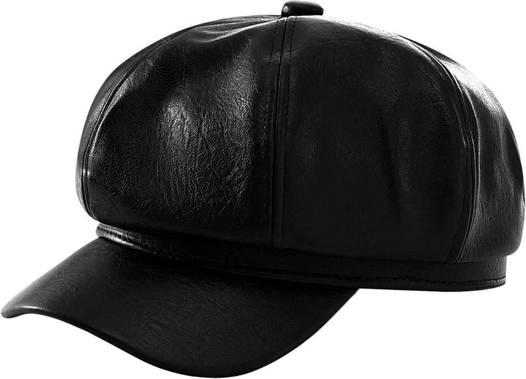 Newsboy Caps Beret Hats for Women Rb Greek Fisherman Cabbie Leather Newsies Chauffeur Fiddler Peaked Paperboy News (Black)