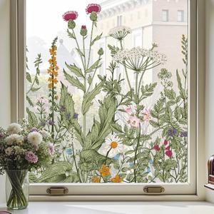 Window Privacy Film,Colorful Floral Window Stickers,Removable DIY Bouquet Static Clings, Decals for Home School Office Party Supplies, Wildflower Reverie, 17.5 x 78.7 in