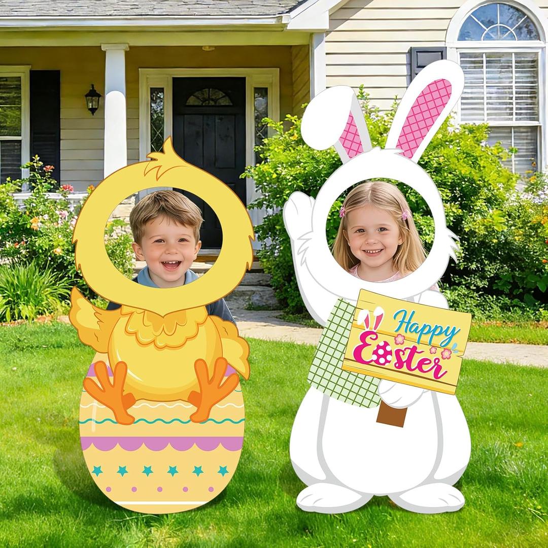 2 Pcs Easter Cardboard Cutouts, 47 in Bunny & Chick Face Yard Signs, Happy Easter Lawn Outdoor Decorations Photo Props for Photography Egg Hunt Spring Holiday Outdoor Decorations
