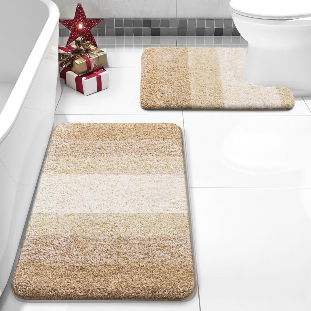 Arotive Bathroom Rugs Sets 2 Piece, Soft Absorbent Microfiber Bath Mats and U-Shaped Contour Toilet Rug, Non-Slip Machine Washable Dry Bath Mats for Bathroom, 30x20 and 24x20, Camel