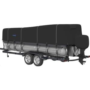 Tuszom1200D Solution Dyed Trailerable Pontoon Boat Cover with Upgraded 12+4 Windproof Side Straps, 100% Waterproof Heavy Duty Boat Cover with Motor Cover (Black, Length:25'-28' Beam Width: up to 102")