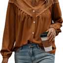 Floerns Women's Lace Eyelet Button Down Peasant Blouses Dressy Casual V Neck Long Sleeve Fall Tops, Large