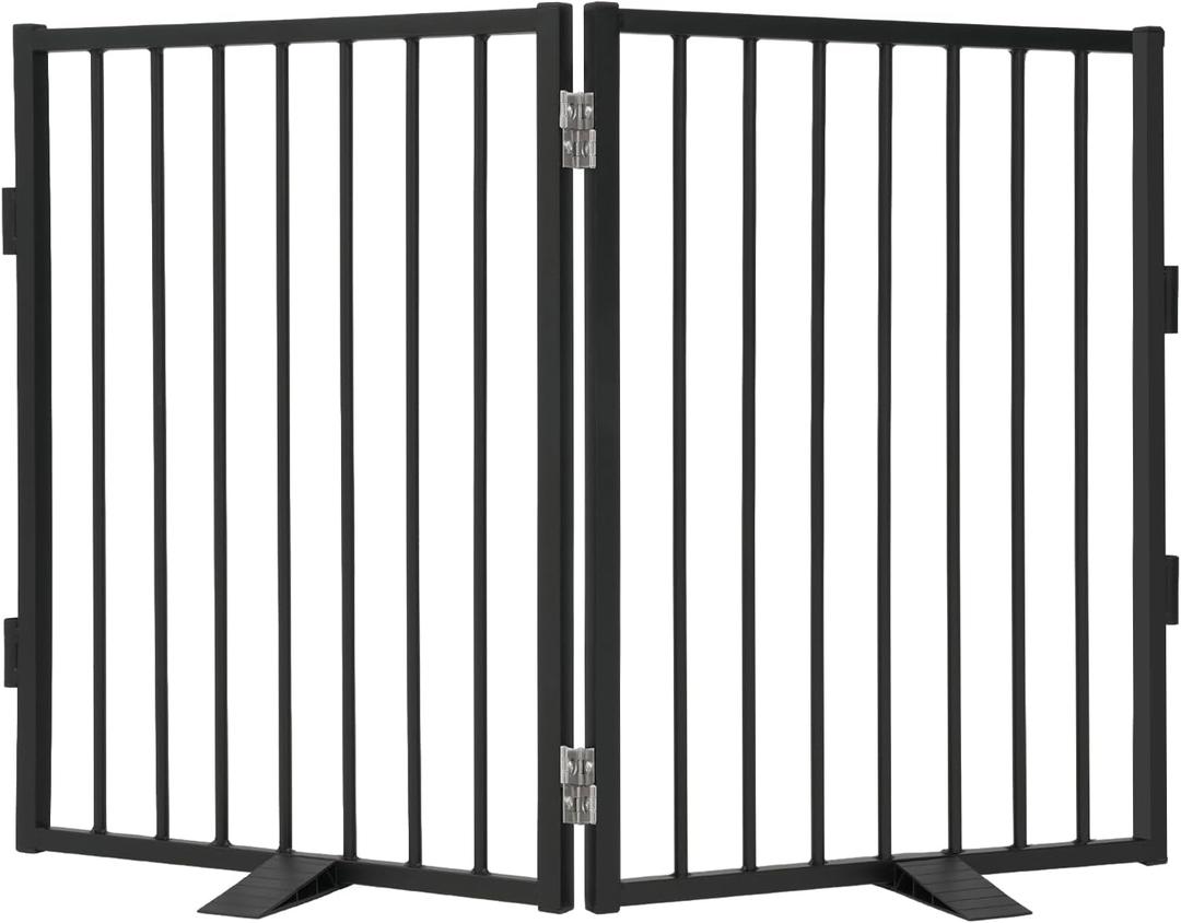 Snagle Paw Full Metal Freestanding Dog Gate,Indoor Pet Gate with Floor Protect Support Feet, 40x32Inches Foldable Dog Fence for Stairs, Hallways and Doorways (32'' H 2 Panel, Black