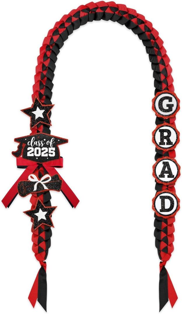 CiyvoLyeen Class of 2025 Graduation Leis with Glitter Pins Handmade Double Braided Ribbon Garland Money Holder Bowknot for Him Her Scarlet Congrats Grad Graduation Ceremony Gift Idea (Black & Red)
