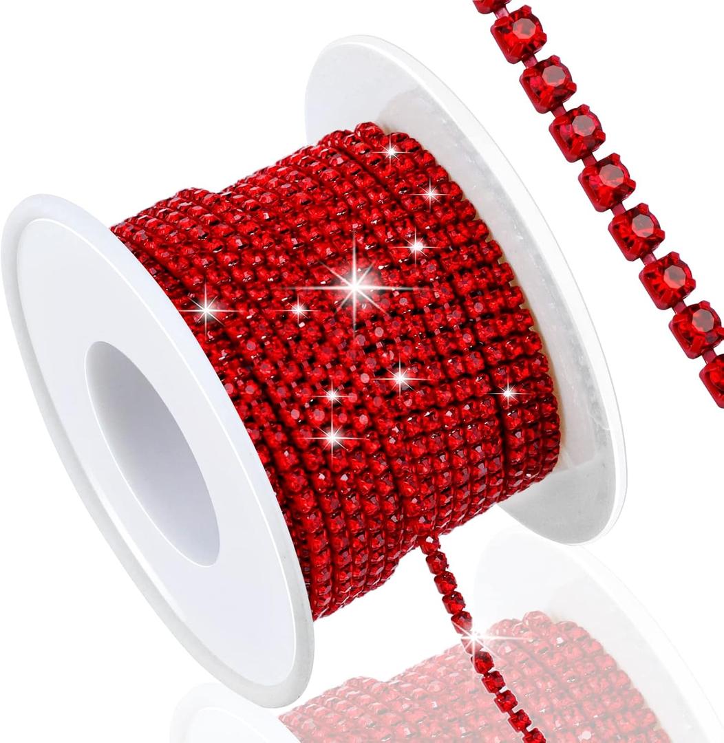Dowarm 10 Yards 2MM Crystal Rhinestone Close Chain Trim for Sewing Crocs Shoes Clothes Cups, Claw Rhinestone Chain for Craft Jewelry Wedding Bouquet DIY Decoration, SS6, Red/Siam