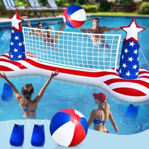 TURNMEON American Flag Inflatable Pool Games Large Volleyball Net Pool Float Set with 9" Beach Ball, 2 Weight Bags  Floating Swimming Game Toy for Adults, Perfect for Party Summer