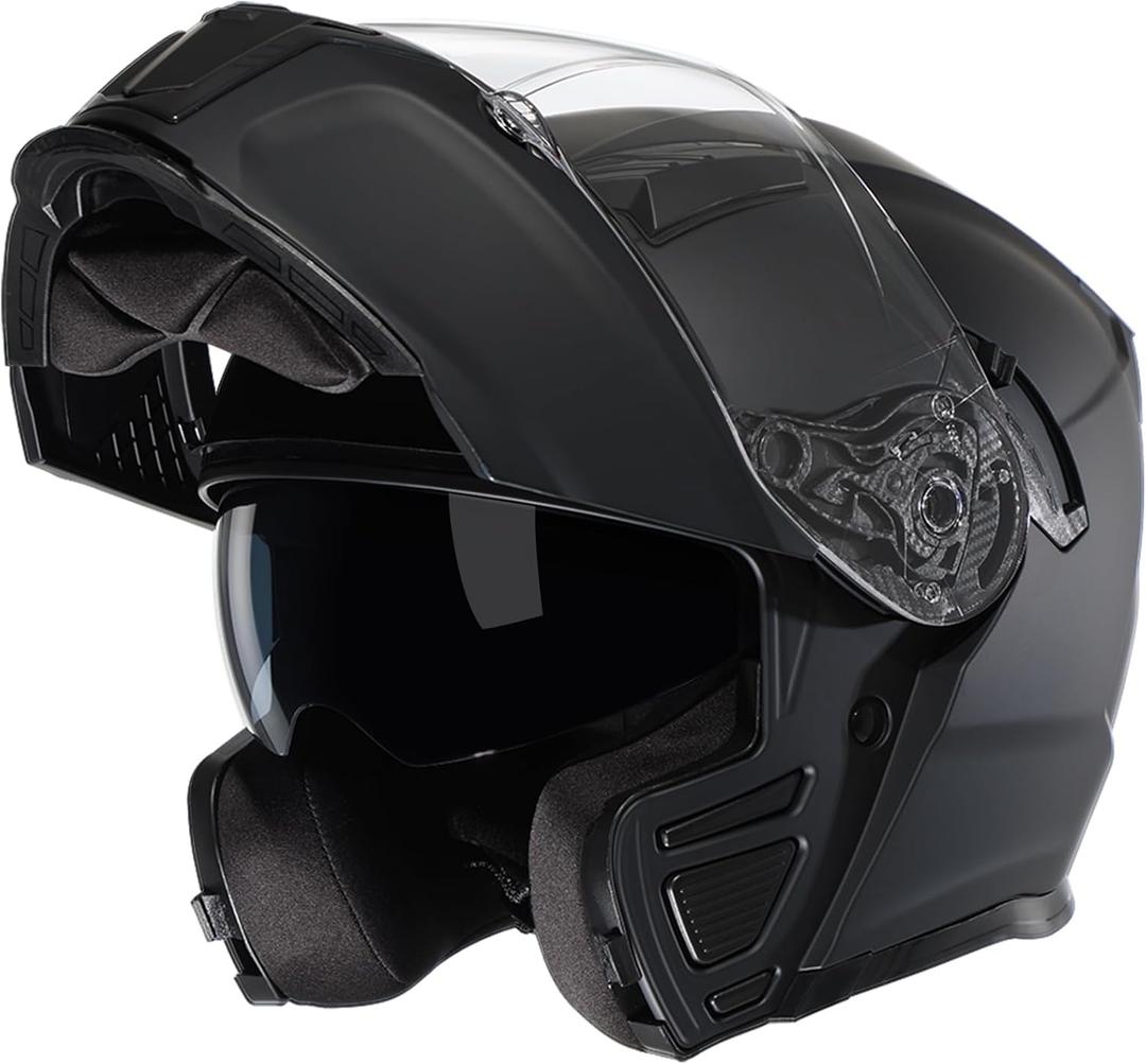TRIANGLE Modular Motorcycle Helmets for Men Flip Up Full Face Helmet Dual Visor with Internal Sunshield DOT Approved (Medium, Matte Black)