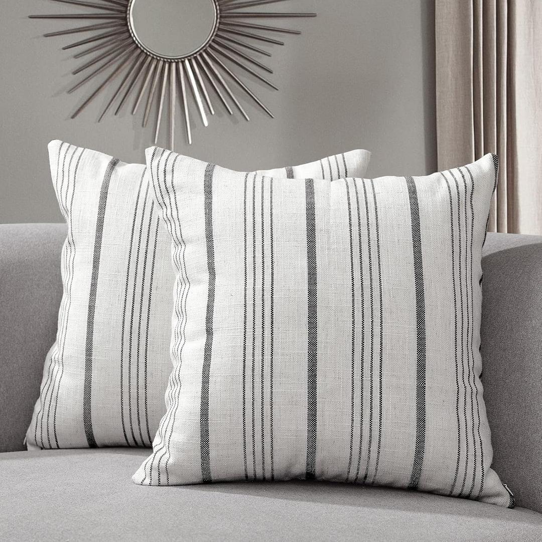 Sunlit Decorative Farmhouse Throw Pillow Case, Set of 2 Cream/Off-White with Black Stripes Modern Accent Square Pillow Cover, 20" x 20", Textured Linen Throw Cushion Covers for Couch Chair Bedroom