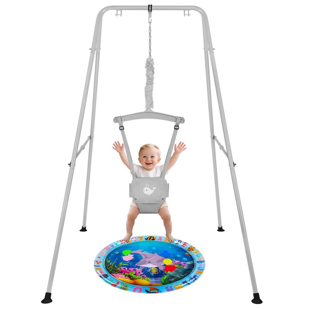 Baby Jumper with Stand for 6-24 Months, Baby Exerciser for Active Babies, Toddler Jumper Bouncers for Baby Girl/Boy with Adjustable Chain, Suitable for Indoor and Outdoor, Water Mat Included(Gray)