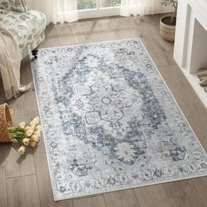 jinchan Area Rug 3x5 Washable Entryway Rug Vintage Indoor Doormat Distressed Thin Mat Lightweight Non-Slip Stain Resistant Low Pile Carpet for Kitchen Living Room Bedroom Dining Room Office Grey (3' x 5' (Light Weight), Medallion Grey)