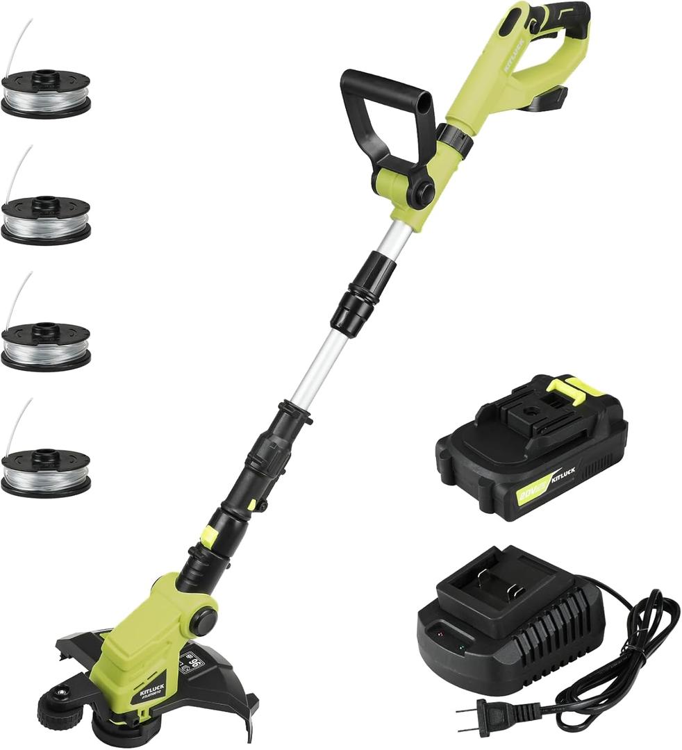 KITLUCK 20V String Trimmer, Electric Lawn Mower Weed Cutter with Auto Line Feed, 12-inch Grass Trimmer Edger Lawn Tool with 4 PCS Spool Line and 2.0Ah Battery for Lawn Care, Yard, Garden