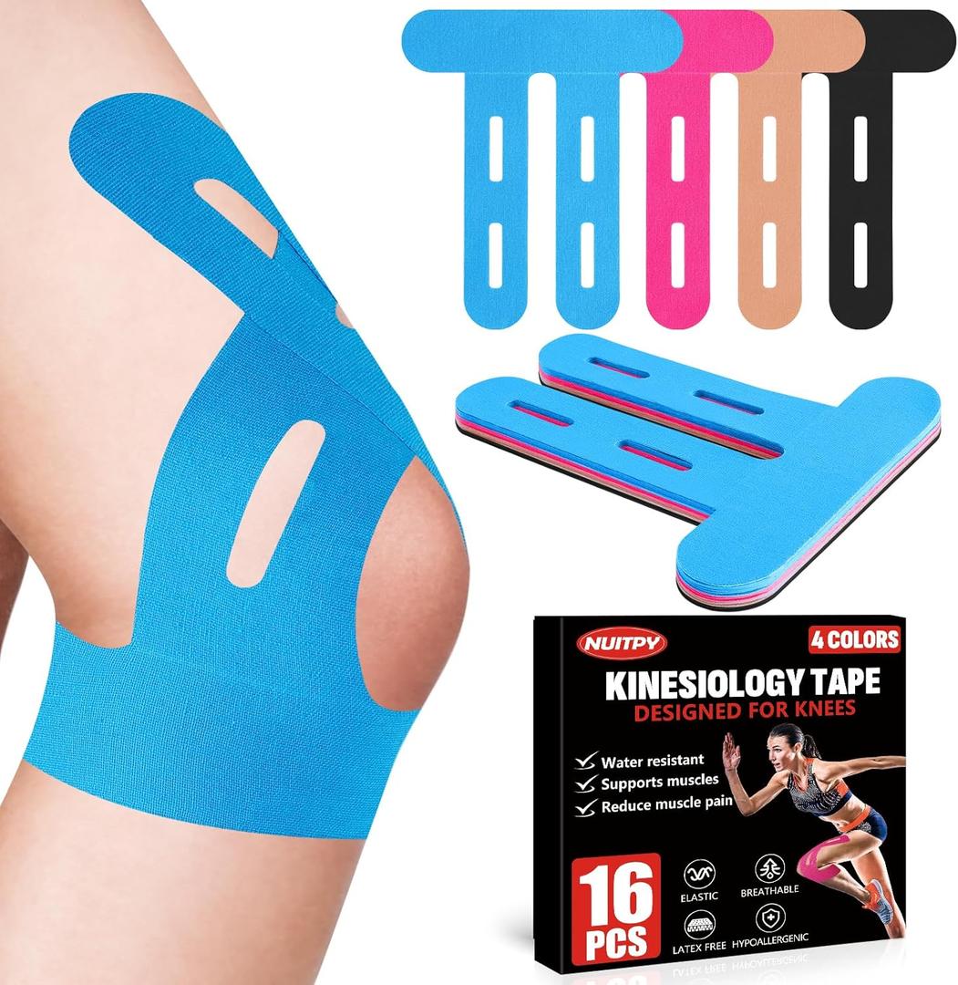 16 PCS Kinesiology Tape for Knees, 4 Colors Knee Support Tape, Precut Knee Tape for Knee Stability, Athletic Tape, Kinetic Tape for Knee (Black, Skin Color, Rose Red, Light Blue)