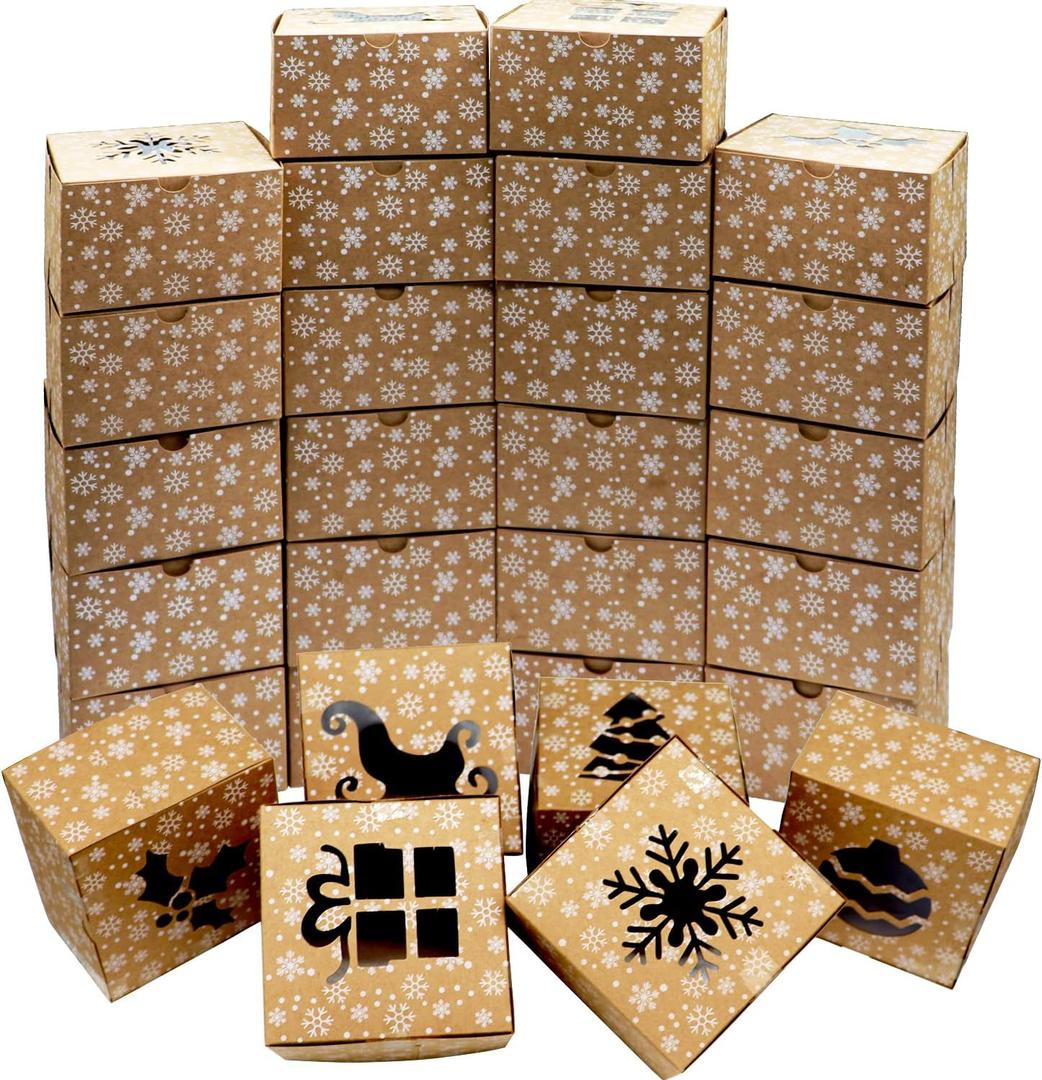 VEYLIN 24Pack Christmas Bakery Boxes with Window, 4 x 4" x 2.4" Kraft Small Holiday Cookie Boxes for Xmas Gifts Cookie Cupcake