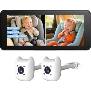 ELECROW Dual Baby Car Camera for 2 Kids - 6.86" 1080P Split-Screen Baby Monitor for CarSeat, 360° Full Rotation, IR Night Vision, Plug & Play Backseat Monitor for Twins & Siblings, Easy Install, Gifts