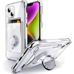 Shields Up Designed for iPhone 14 Case, Minimalist Wallet Case with Card Holder (3 Cards) and Ring Kickstand/Stand, [Drop Protection] Slim Protective Cover for iPhone 14 (6.1 inch) - Clear